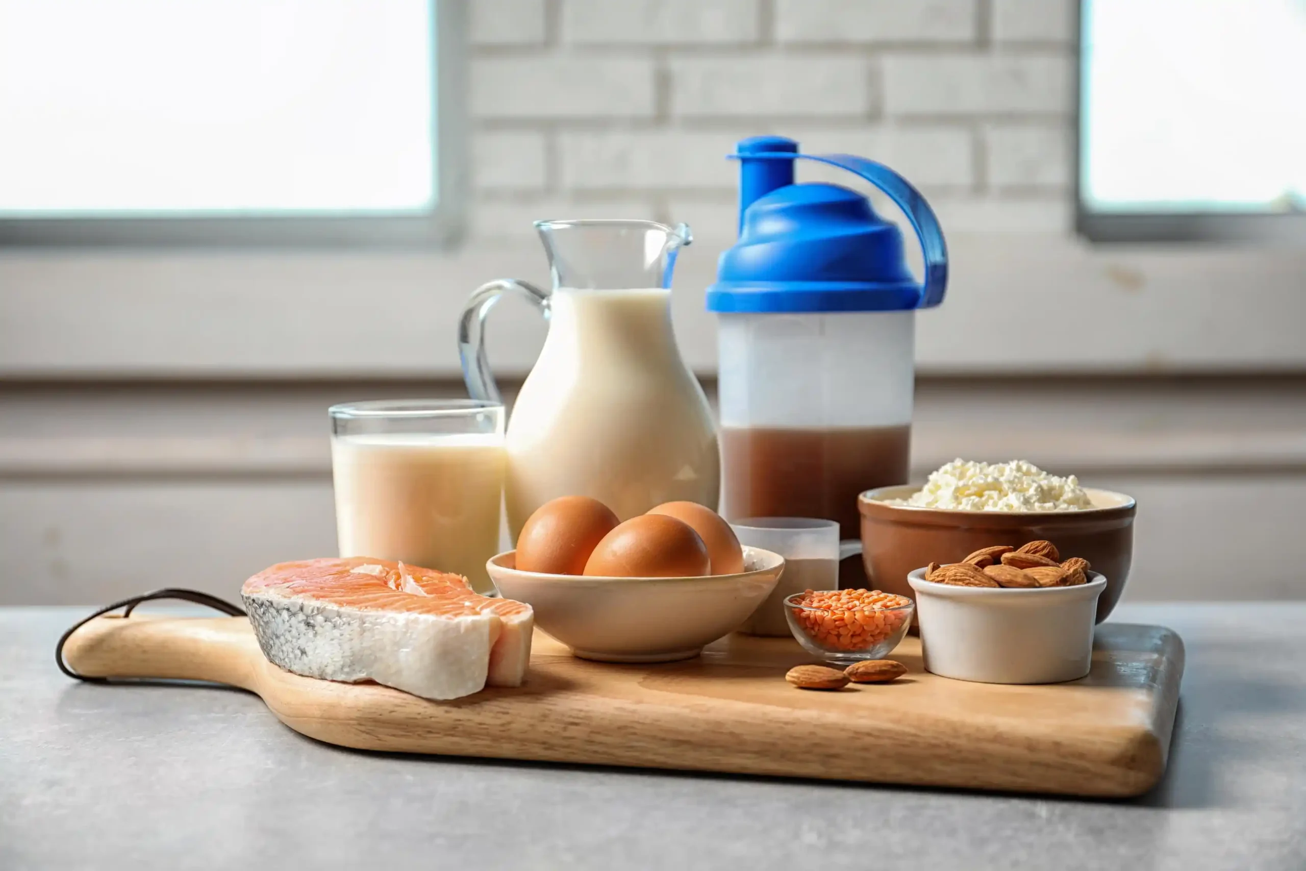 Blandade naturliga livsmedel på bord, högproteindiet