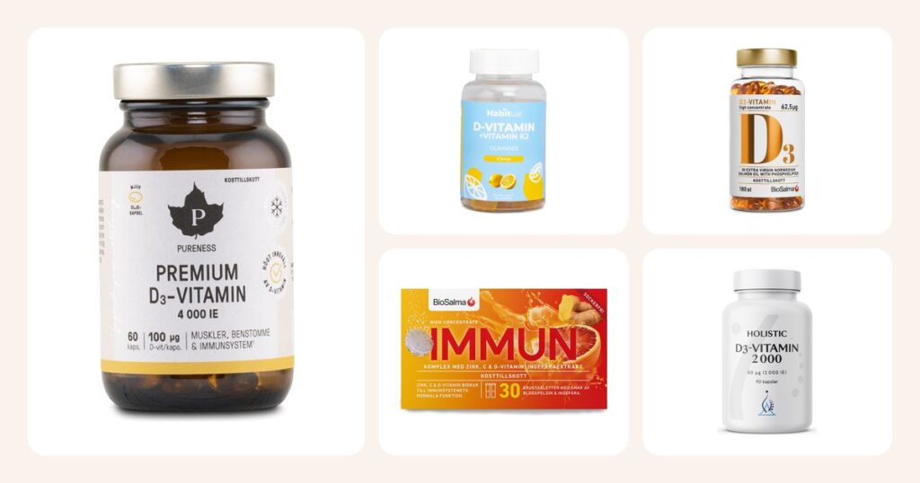 Vertailussa: Pureness Premium D-Vitamin, 60 kaps, Habitual D-vitamin Gummies, Citrus, 60 Gummies, BioSalma D3-vitamin 62,5 ug High Concentrate, 180 kaps, BioSalma Immun C+D-vitamin Zink ym.