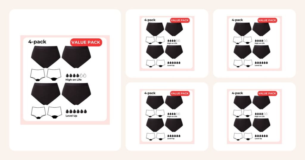 Vertailussa: Menstrosor flerpack – High waist 4st Small, Menstrosor flerpack – High waist 4st Medium, Menstrosor flerpack – High waist 4st Large, Menstrosor flerpack – High waist 4st XL ym.