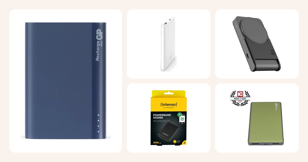 Vertailussa: GP PowerBank DIEM Mercury 7 500 mAh, Belkin Powerbank Charge Boost 10 000 mAh, GP Magnetic Safe 2-in-1 trådlös powerbank 5000mAh, Intenso Powerbank 5000 mAh, svart ym.