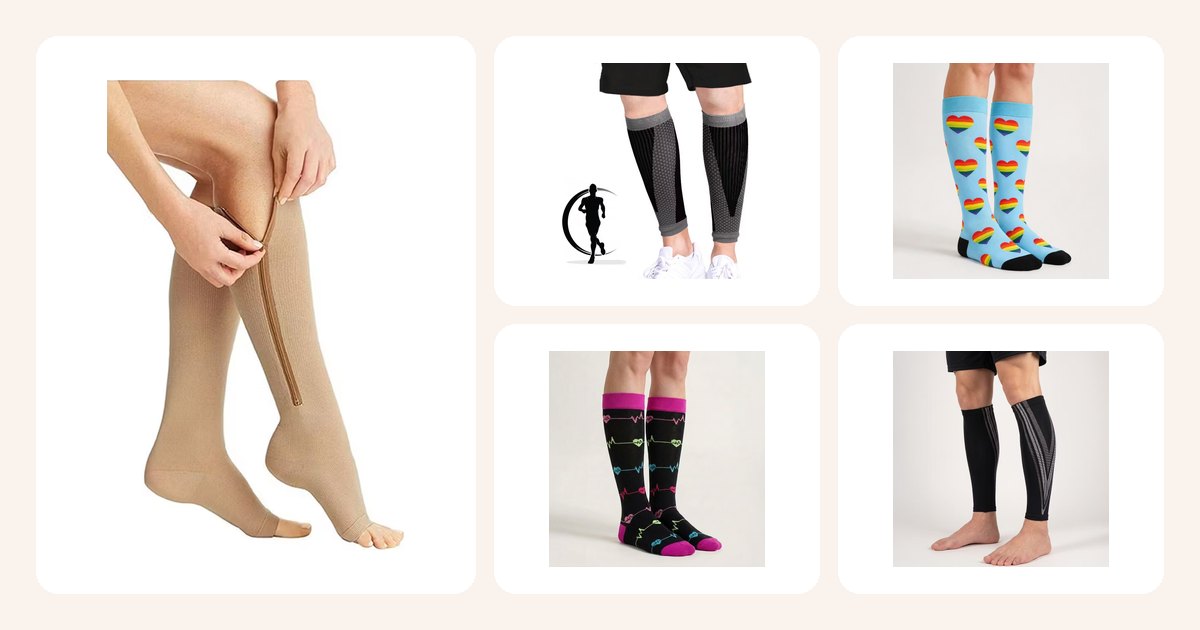 Alle 200 kr: Stödstrumpor dragkedja (Beige), Kompressionsstrumpor (Grå), Stödstrumpor hjärtan, Stödstrumpor sjukvård, Stödstrumpor sport (Svart)
